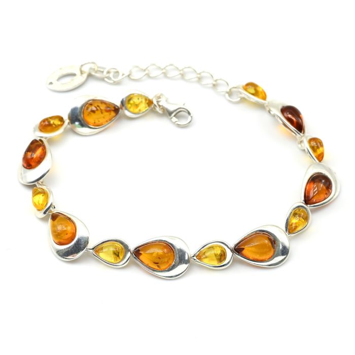 Bracelet with amber C925 droplets 6*10mm, 9*13mm lemon, cognac, 19cm, 9.94g