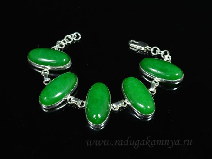 Bracelet with artificial chrysoprase in silver 5 ovals 32*17mm, 20cm