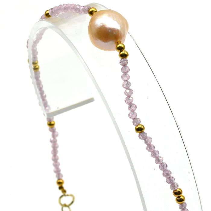 Bracelet made of cubic zirconia with Baroque pearls ball gr.2mm color.pink, 19cm