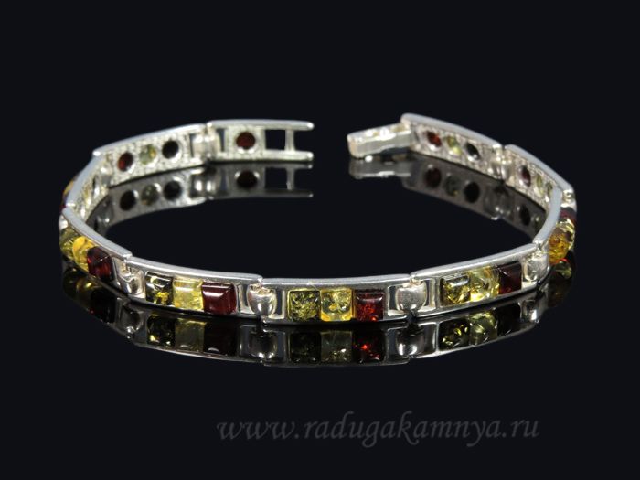 Bracelet with amber in silver plated squares 7*23mm assorted, 20cm