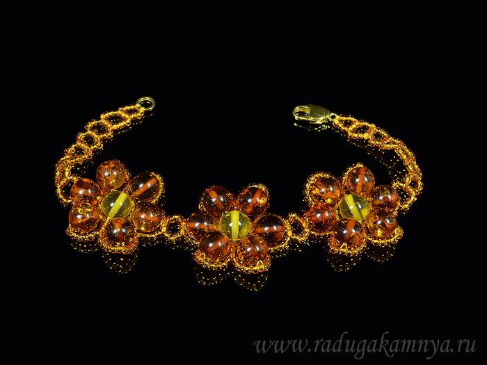 Bracelet with amber and beads "3 flowers" cognac, lemon, 19cm