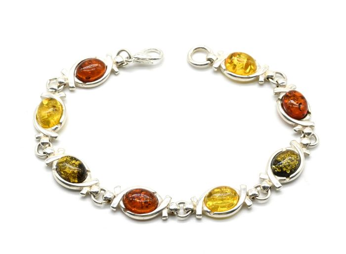 Bracelet with amber in silver oval 9*21mm assorted, 19.5cm