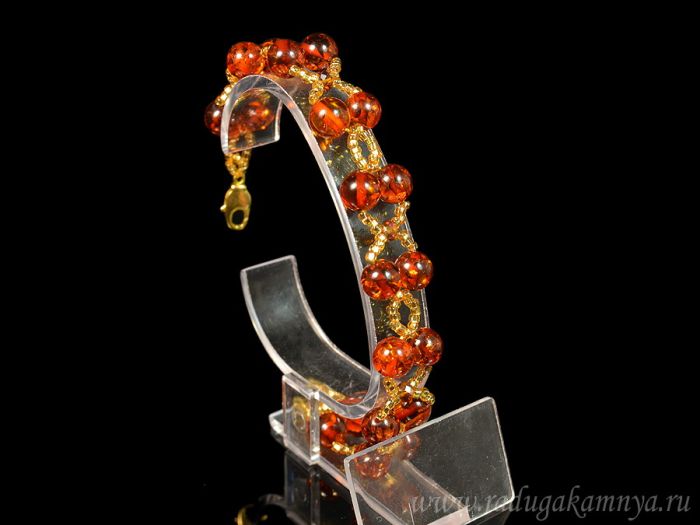 Bracelet with amber, beads and zircon "balls in 2 rows" 8mm cognac, 20cm