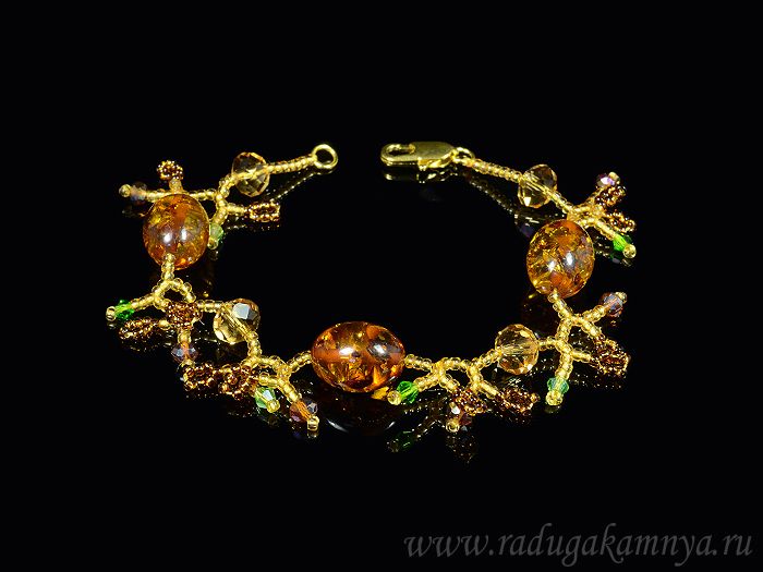 Bracelet with amber, beads and zircon "twig" cognac, 20.5cm.