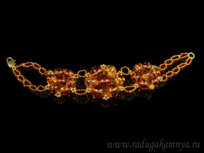 Bracelet with amber, beads "3 flowers" cognac, 18.5cm