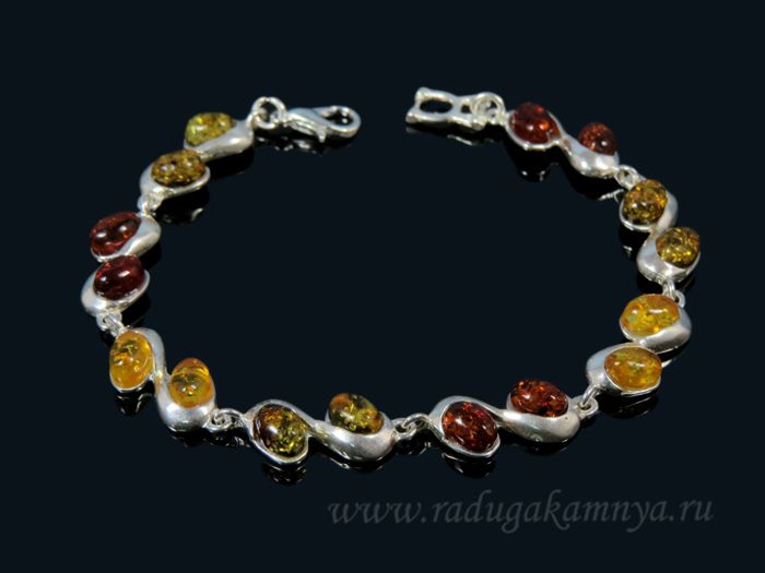 Bracelet with amber in silver plated oval double assorted, 20cm