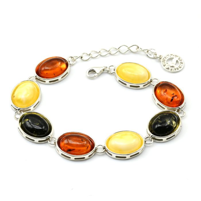 Bracelet with amber C925 oval 13*18mm milk, green, cognac, 18cm, 16.95gr