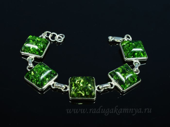 Bracelet with amber in silver 5 squares 19mm green, 19cm