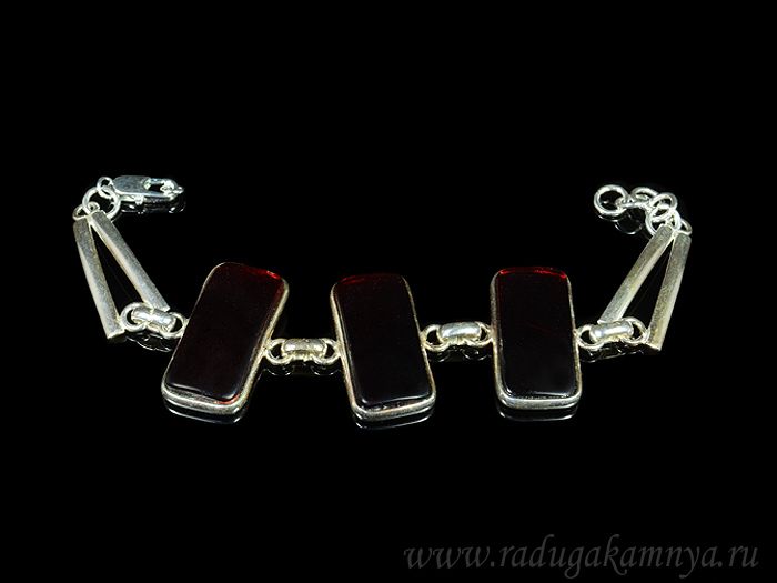 Bracelet with amber in silver rectangle 15*30mm cherry, 20cm.