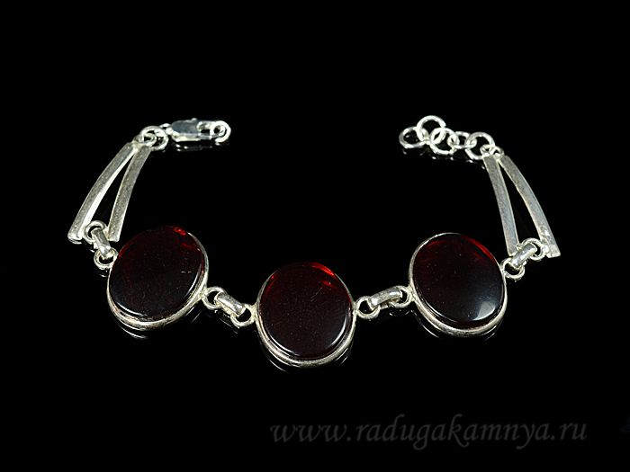 Bracelet with amber in silver plated 3 ovals 25*21mm cherry, 20cm