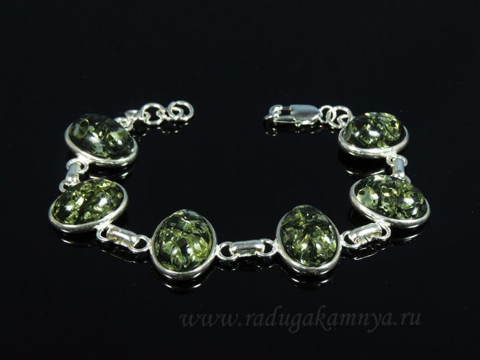 Bracelet with amber in silver 6 ovals 20*15mm green, 21cm