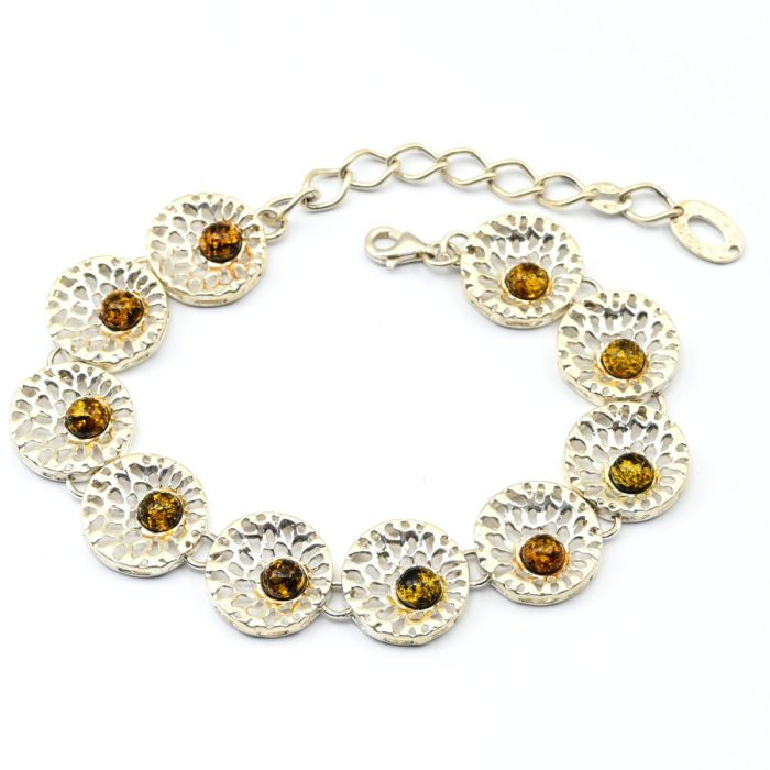 Bracelet with amber C925 "dandelion" 15mm green, 18cm, 13.37g