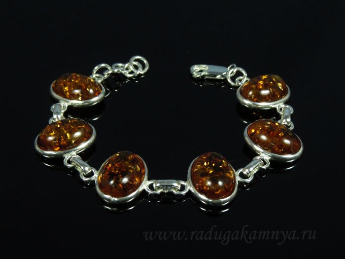 Bracelet with amber in silver 6 ovals 20*15mm cognac, 21cm