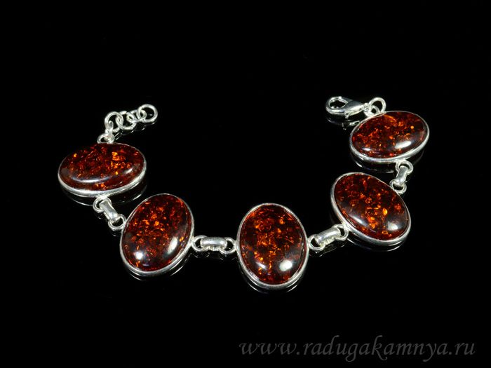 Bracelet with amber in silver 5 ovals 27*20mm cognac, 20cm.