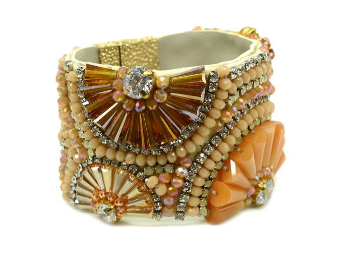 Bracelet with zircons on a leather base, author's, color citrine, 20cm